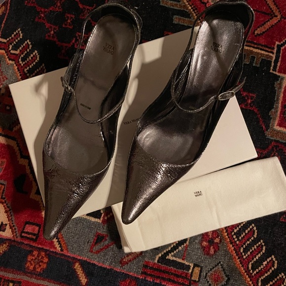 [39] VERA WANG Riky 50 Scarpa Silver Cracked Leather Kitten Heel - Picture 5 of 5